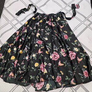 Truly 4 You High-Waisted Black Pleated Maxi Skirt W Floral & Bird Prints - 1x